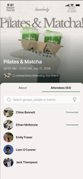 An event page for Pilates and Matcha showing who else is going