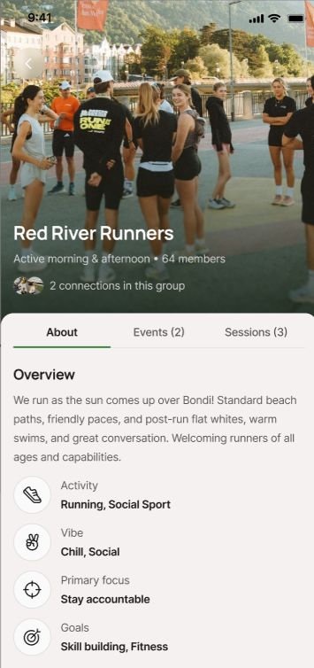 A group page for Red River Runners showing activity, vibe and focus