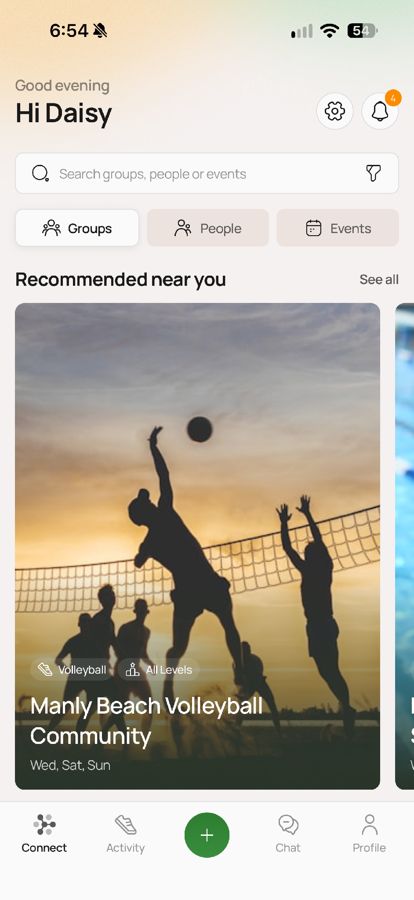 KEENA home screen with groups recommended near you