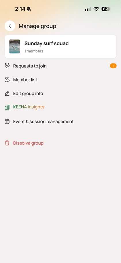 Manage group screen with requests to join, member list, KEENA Insights and event and session management