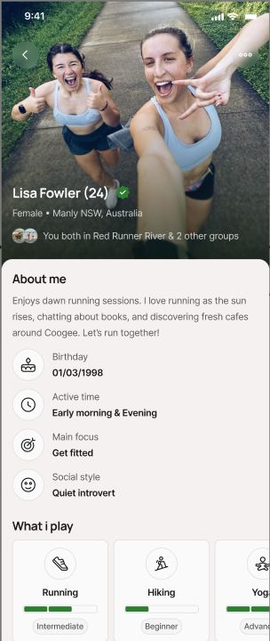 A member profile showing shared groups and what they play